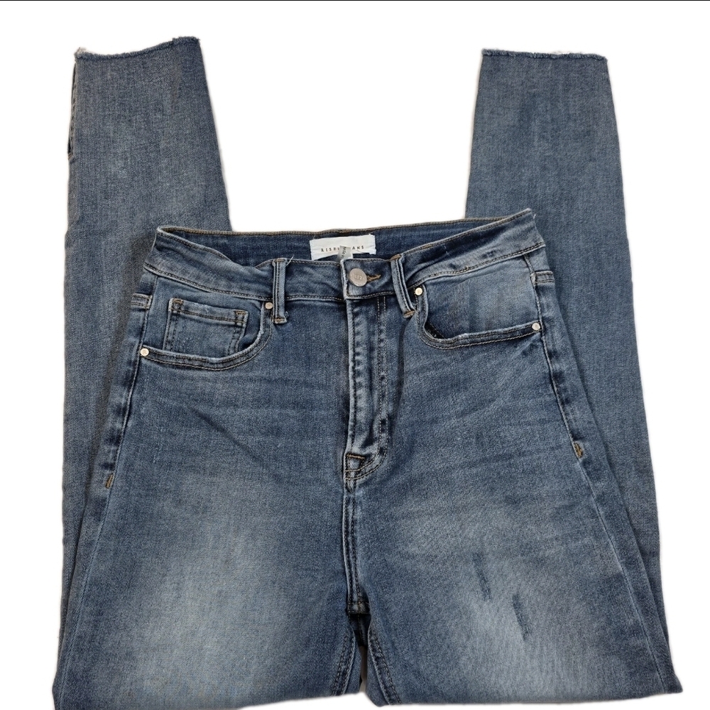 Risen Medium Wash High Rise Ankle Skinny Jeans Women's Size 7/28 Slit Hem